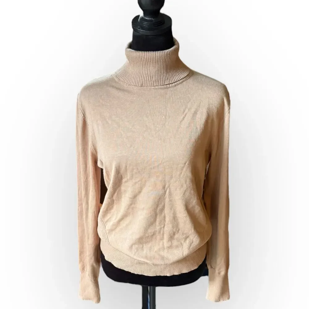 Telluride Women's Tan Knit Turtleneck Sweater with Side Ribbing Size Large - NWT